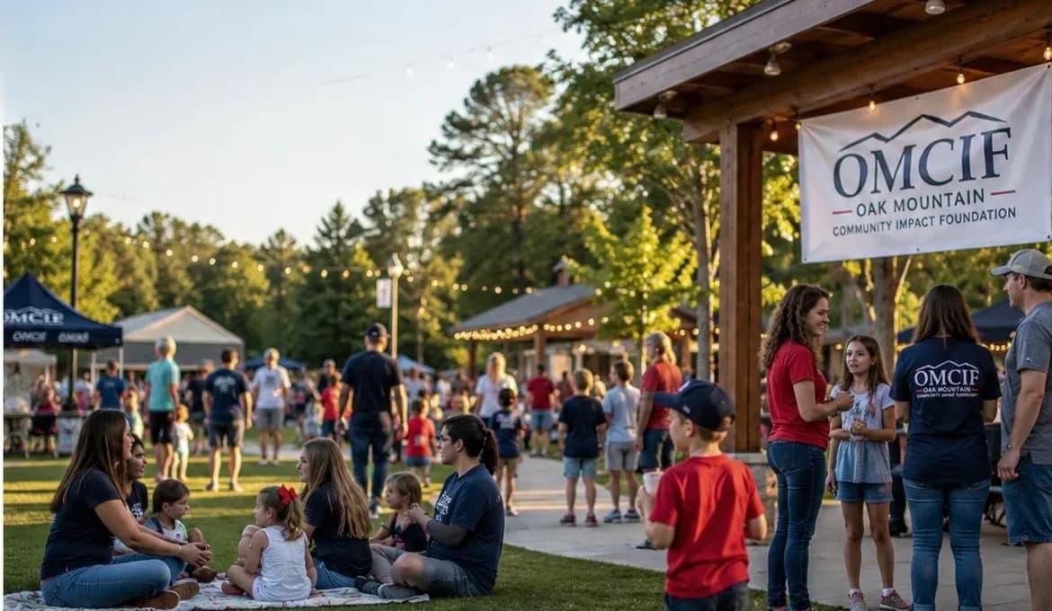 Families gathered on the lawn under string lights at an OMCIF community event, beside a pavilion hung with an OMCIF banner