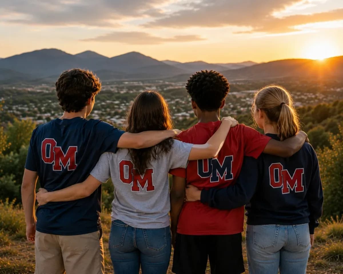 Four Oak Mountain students in OM shirts, arms around each other, looking out over the valley at sunset