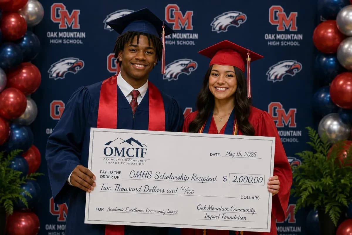 Two Oak Mountain High School graduates in caps and gowns holding a $2,000 OMCIF scholarship check